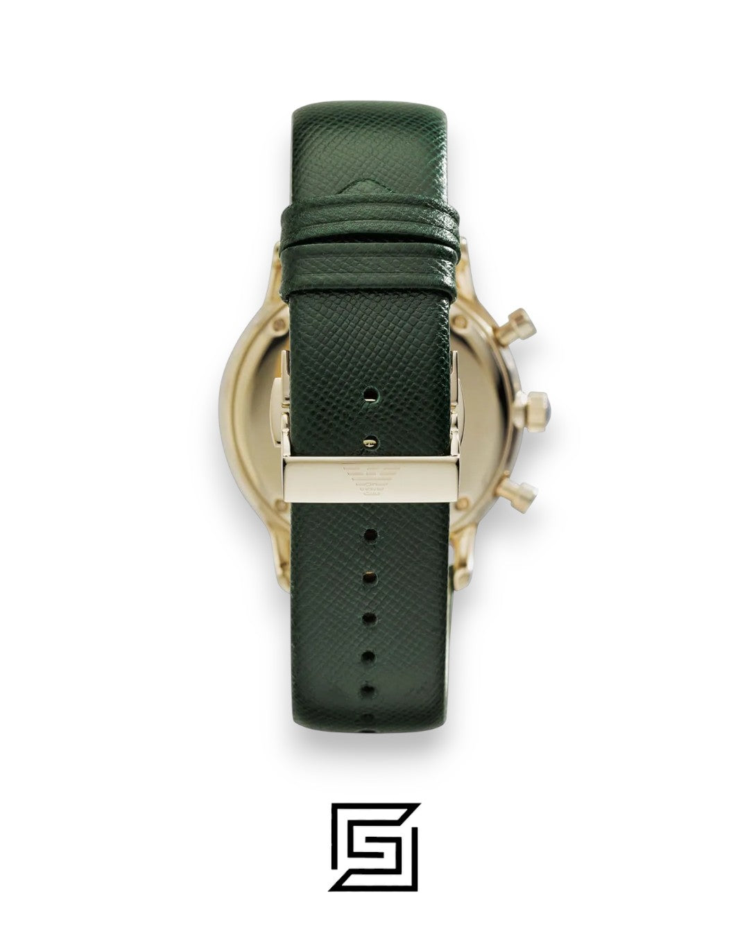Emporio Armani AR1722 Gold Tone Chronograph Watch with Champagne Dial and Green Leather Strap