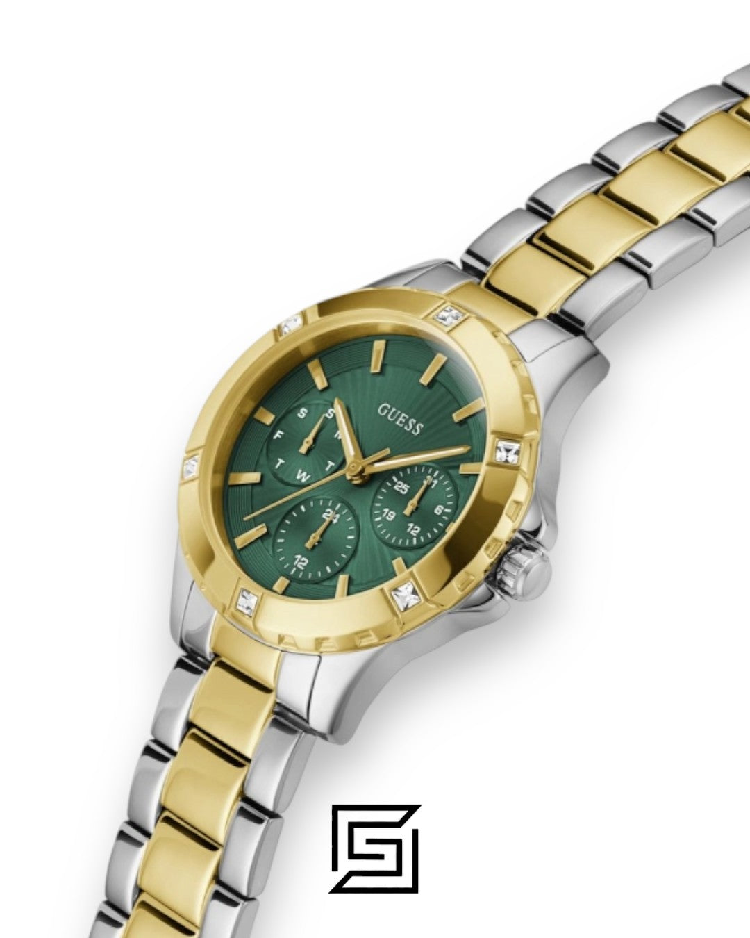 ساعة Guess GW0723L1 نسائية بعلبة ذهبية وفضية بقطر 40 ملم ومينا خضراء