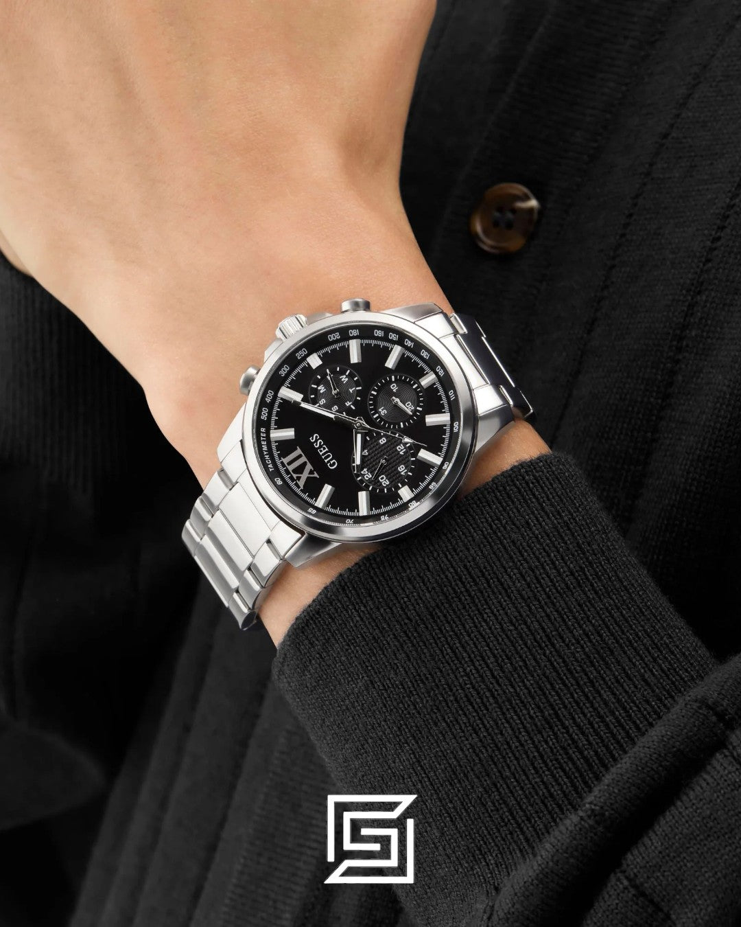 Guess GW0900G1 Men's Silver Stainless Steel Watch with Black Dial