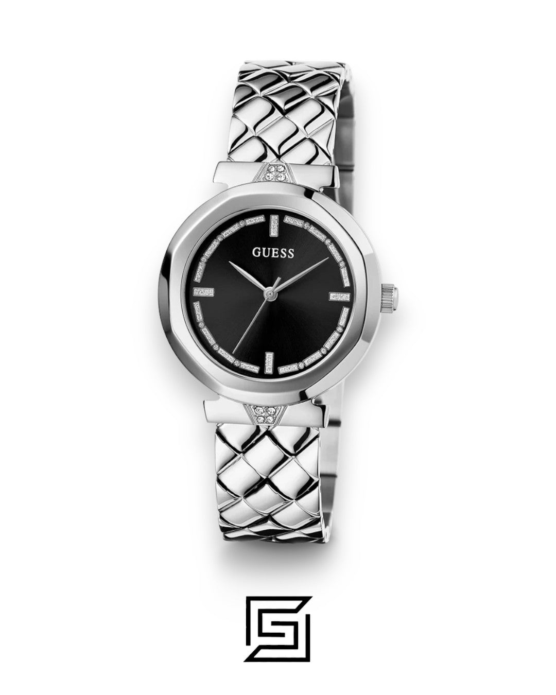 ساعة يد نسائية فضية بسوار من الستانلس ستيل ومينا سوداء طراز GW0613L1 من Guess