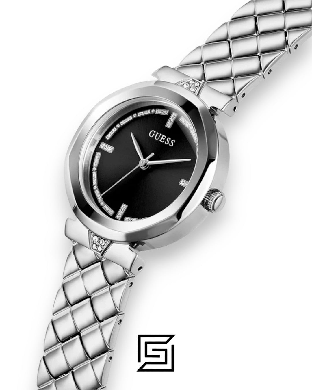 ساعة يد نسائية فضية بسوار من الستانلس ستيل ومينا سوداء طراز GW0613L1 من Guess
