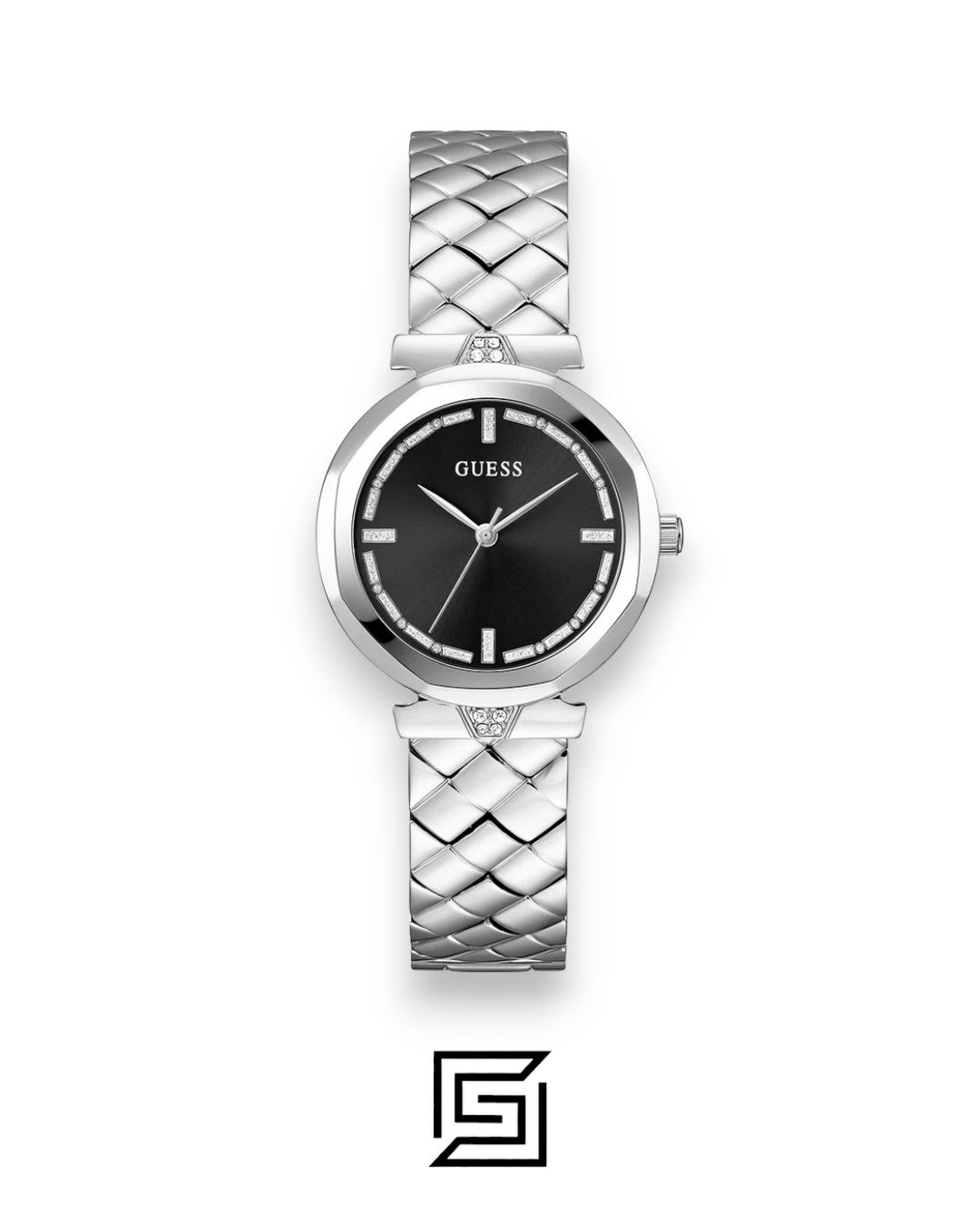 ساعة يد نسائية فضية بسوار من الستانلس ستيل ومينا سوداء طراز GW0613L1 من Guess