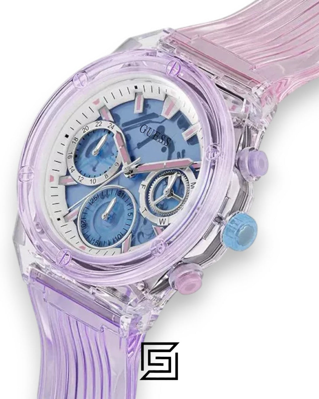 ساعة يد حريمي Guess GW0438L6 بهيكل شفاف أرجواني ومينا أزرق