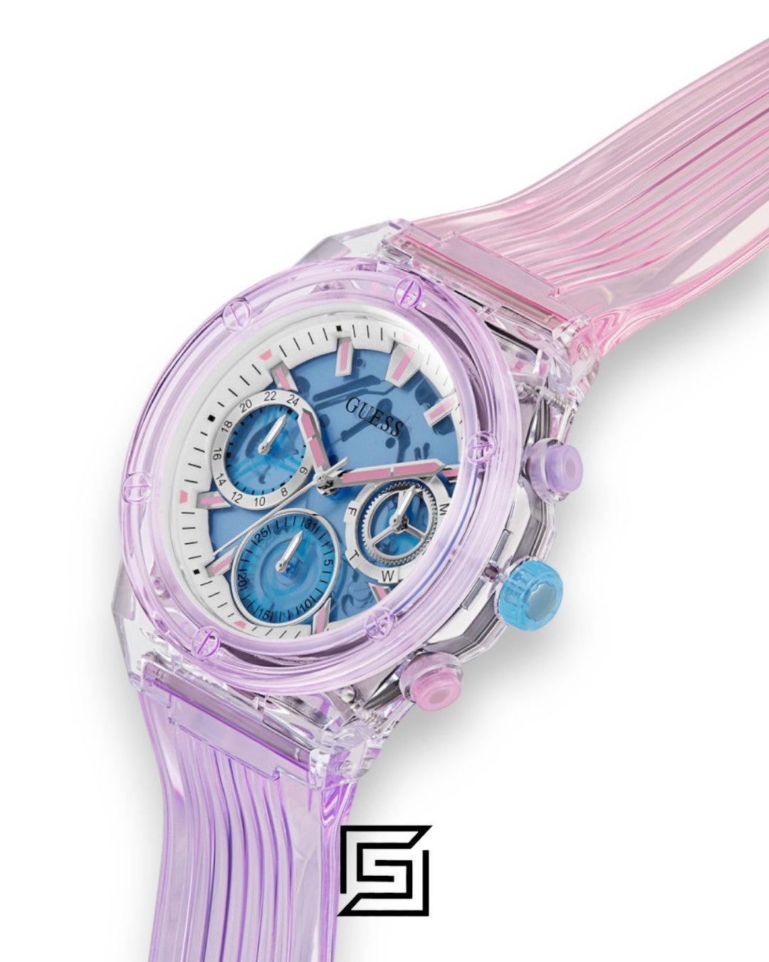 Guess GW0438L6 Women's Transparent Purple Case Blue Dial Watch