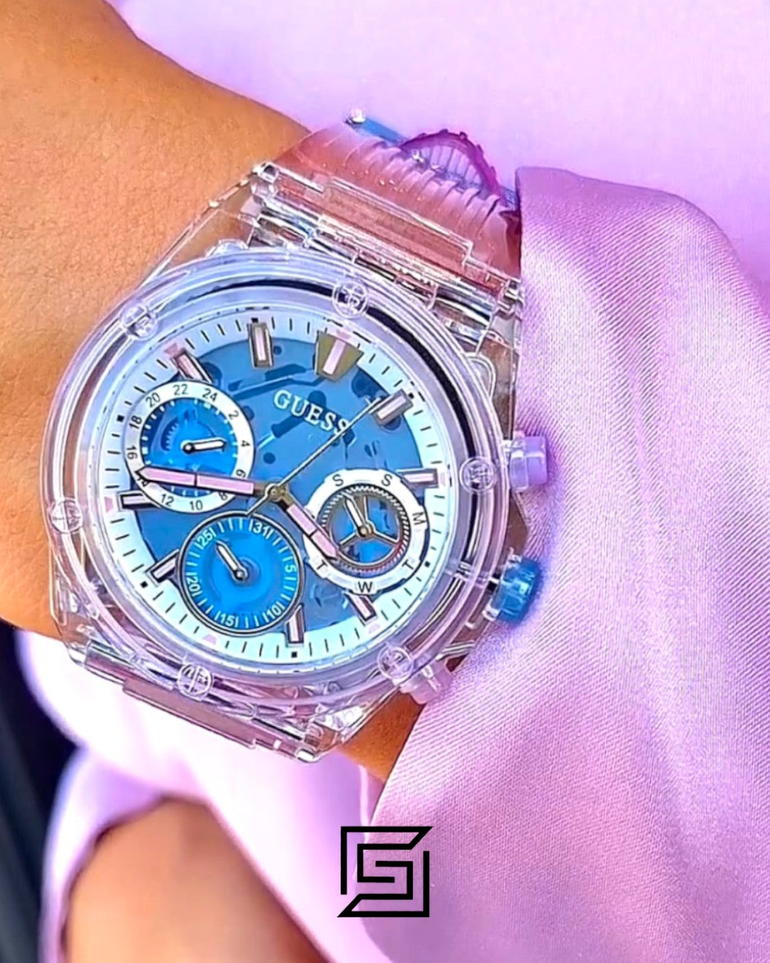 Guess GW0438L6 Women's Transparent Purple Case Blue Dial Watch