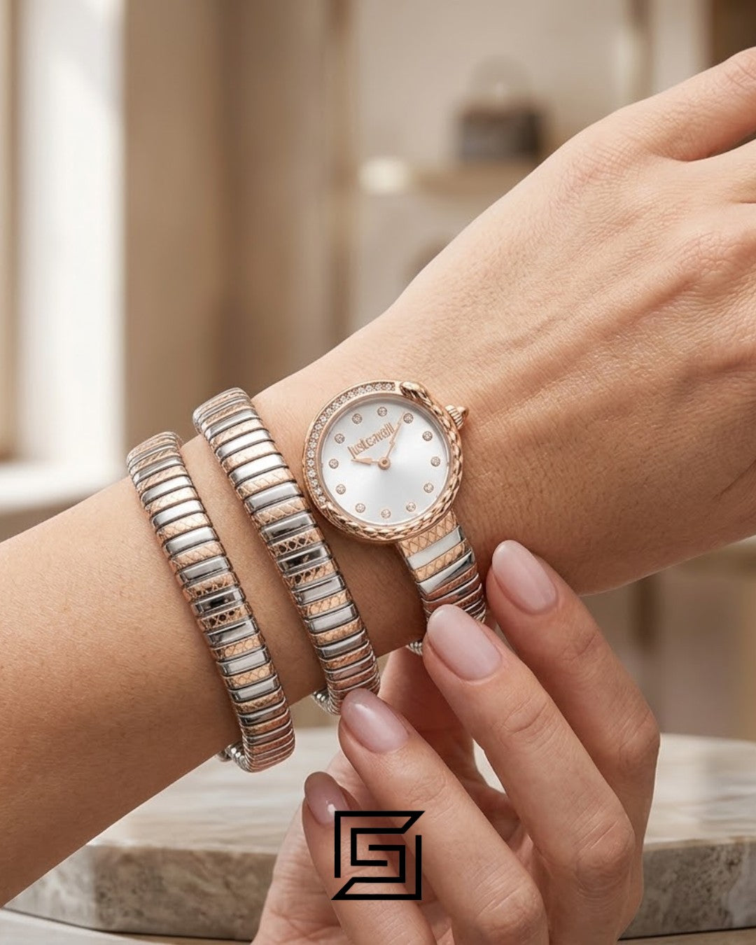 Just Cavalli JC1L302M0065 Women's Silver and Rose Gold Bracelet Watch with White Dial