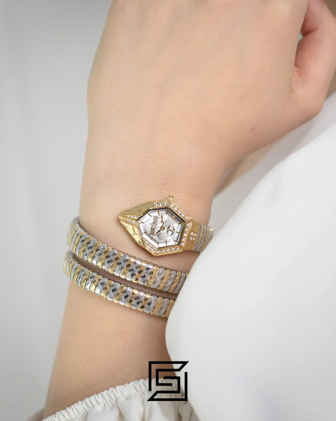 Just Cavalli JC1L304M0055 Hexagonal Case White Dial Two-Tone Women's Watch