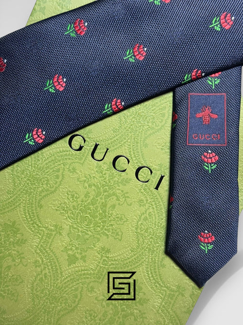 Gucci - Navy Blue Color With Red Flowers Pattern