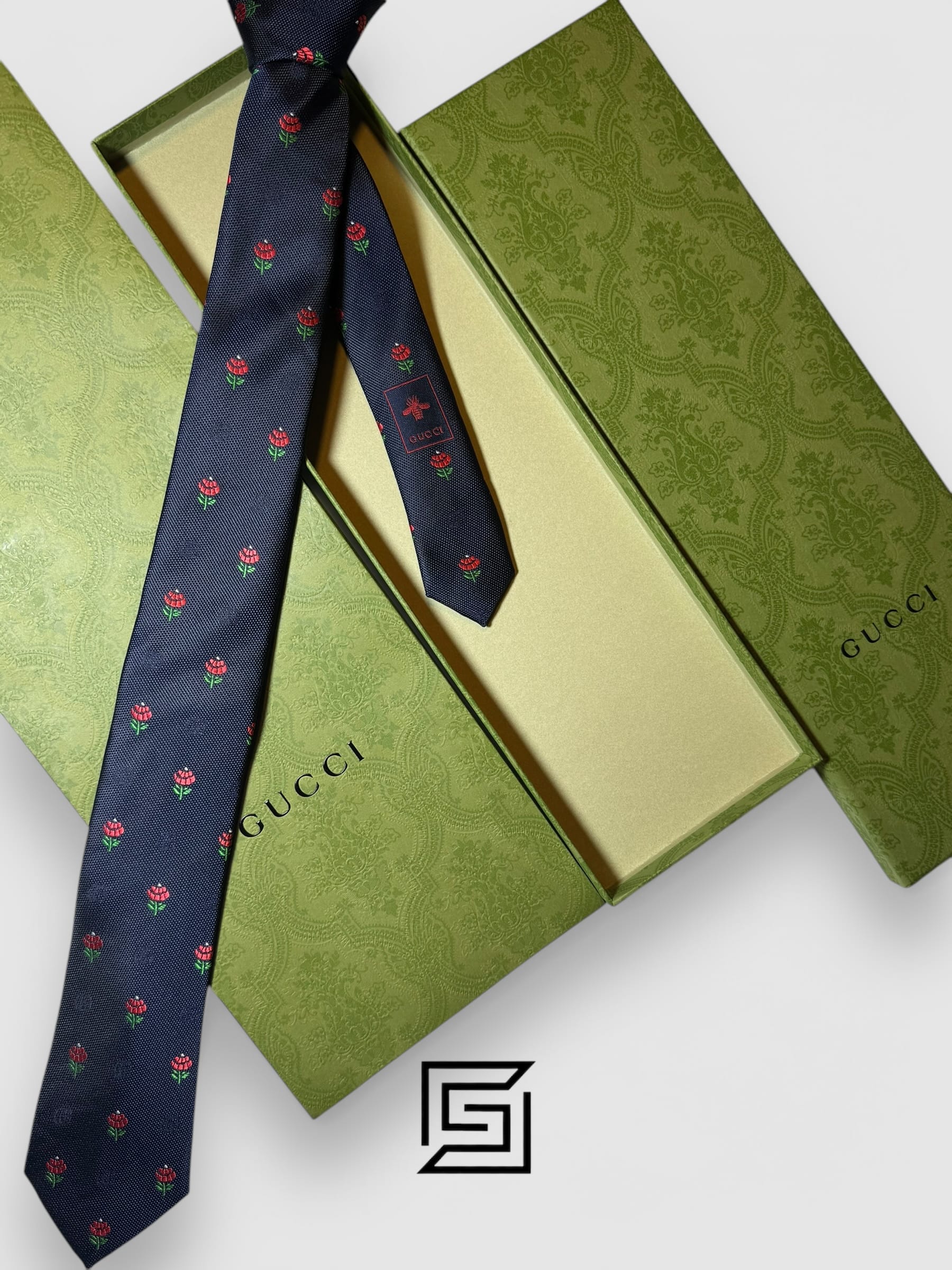 Gucci - Navy Blue Color With Red Flowers Pattern