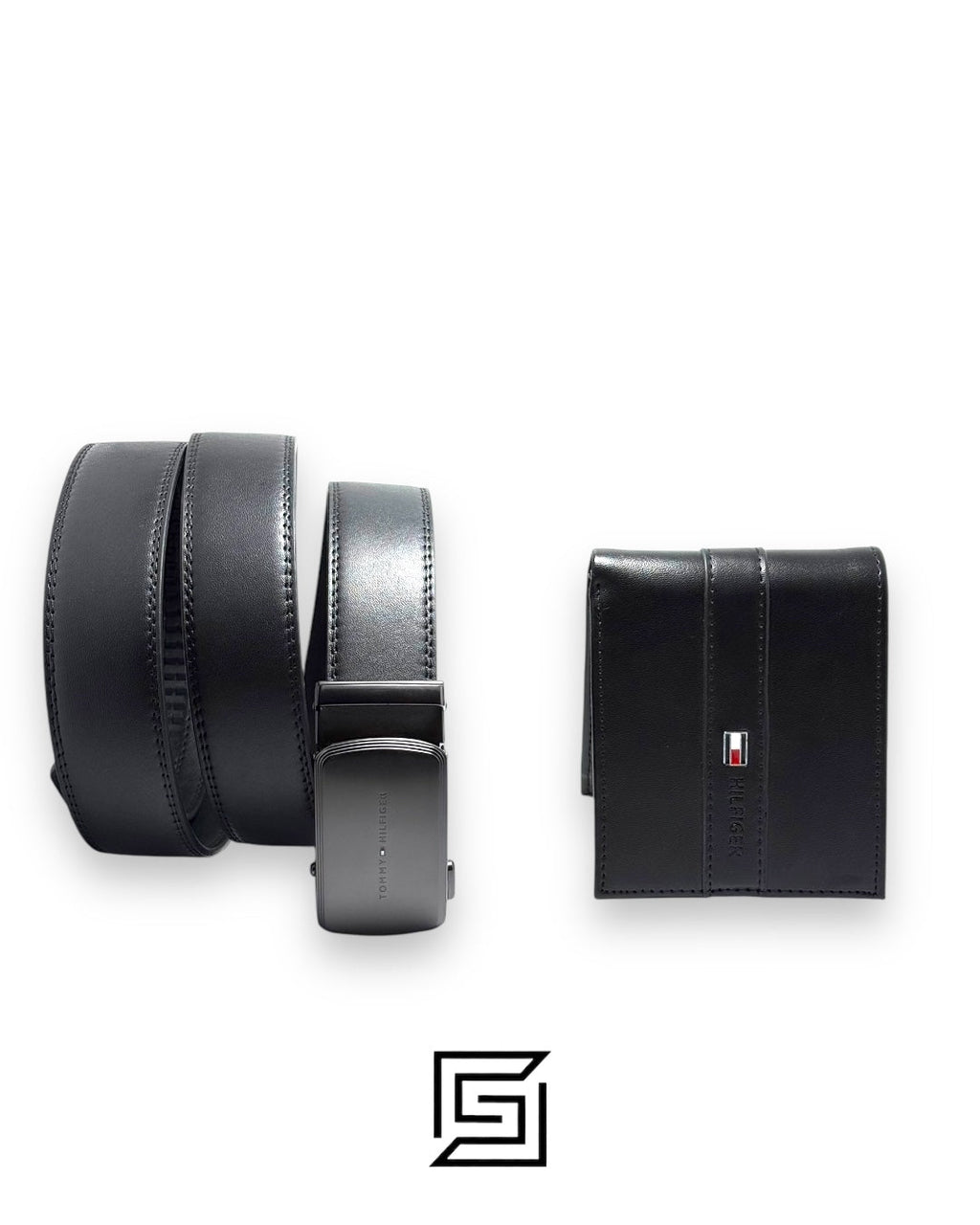 TOMMY SET BELT AND WALLET BLACK WALLET WITH LOGO ON RIGHT BLACK SOLID BELT