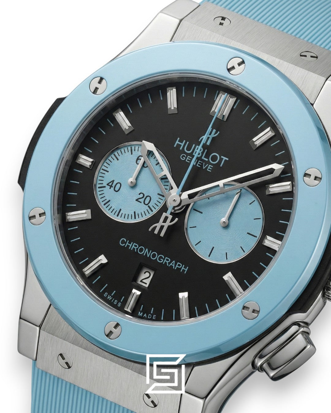 Hublot Classic Fusion Chronograph – Black Dial with Baby Blue Strap (38mm)