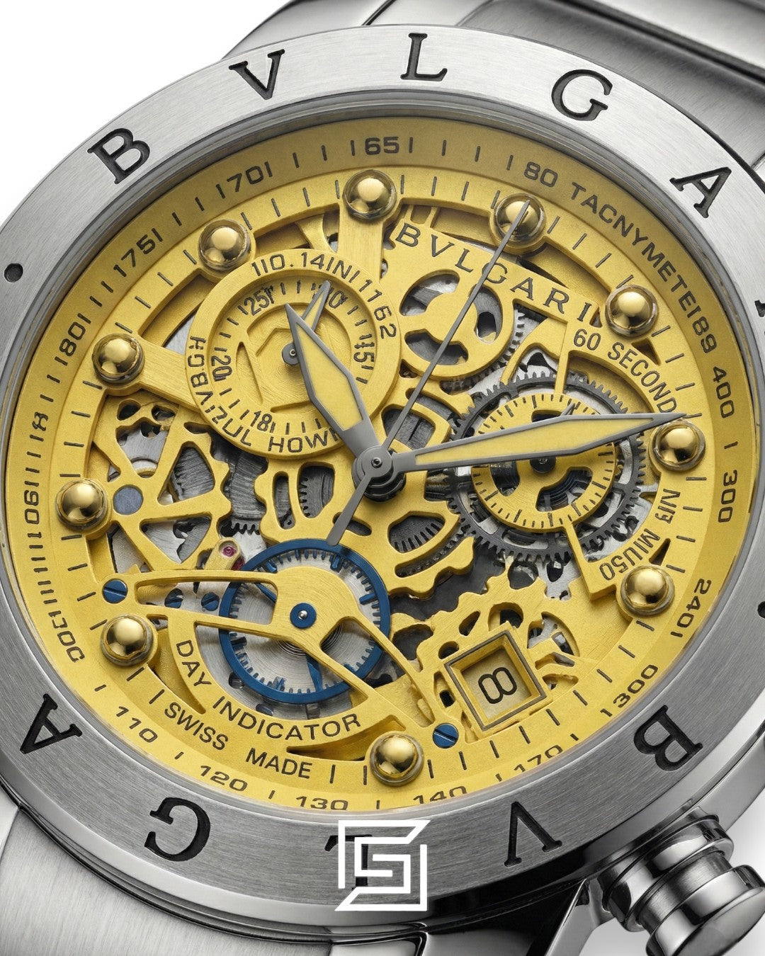 Bvlgari Chronograph Skeleton White Dial Yellow Reflective Glass Stainless Band Men’s Watch