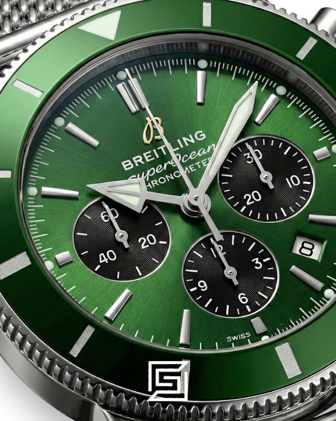 Breitling Superocean Chronograph – Green Dial – Mesh Bracelet – Japanese Quartz Down counters
