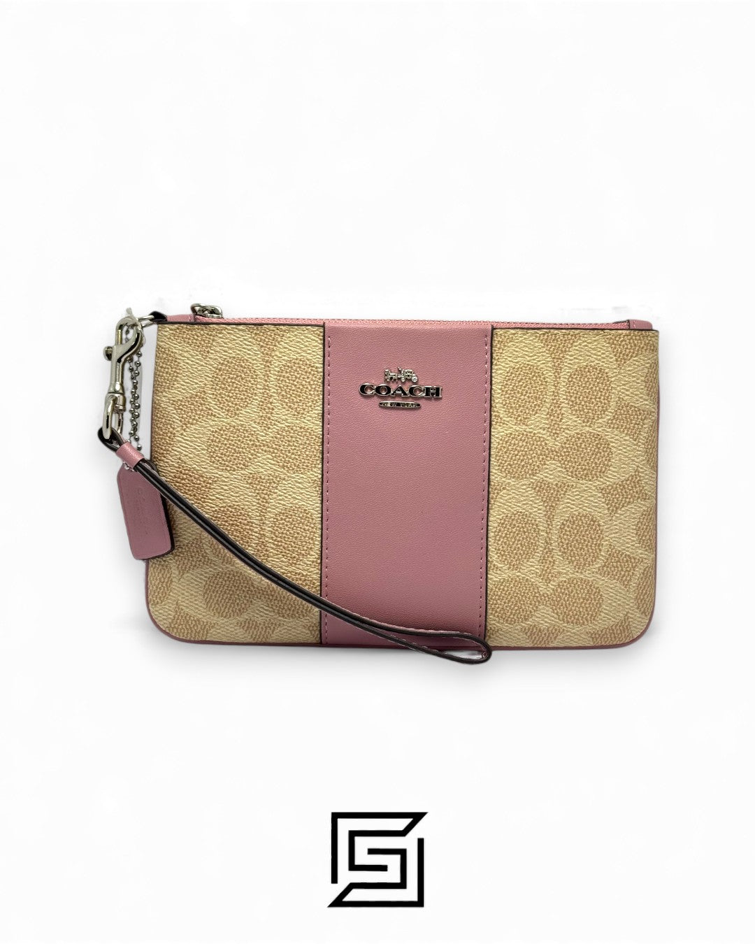 Coach Small Wristlet In Colorblock Signature Canva Khaki x Pink No. F32445