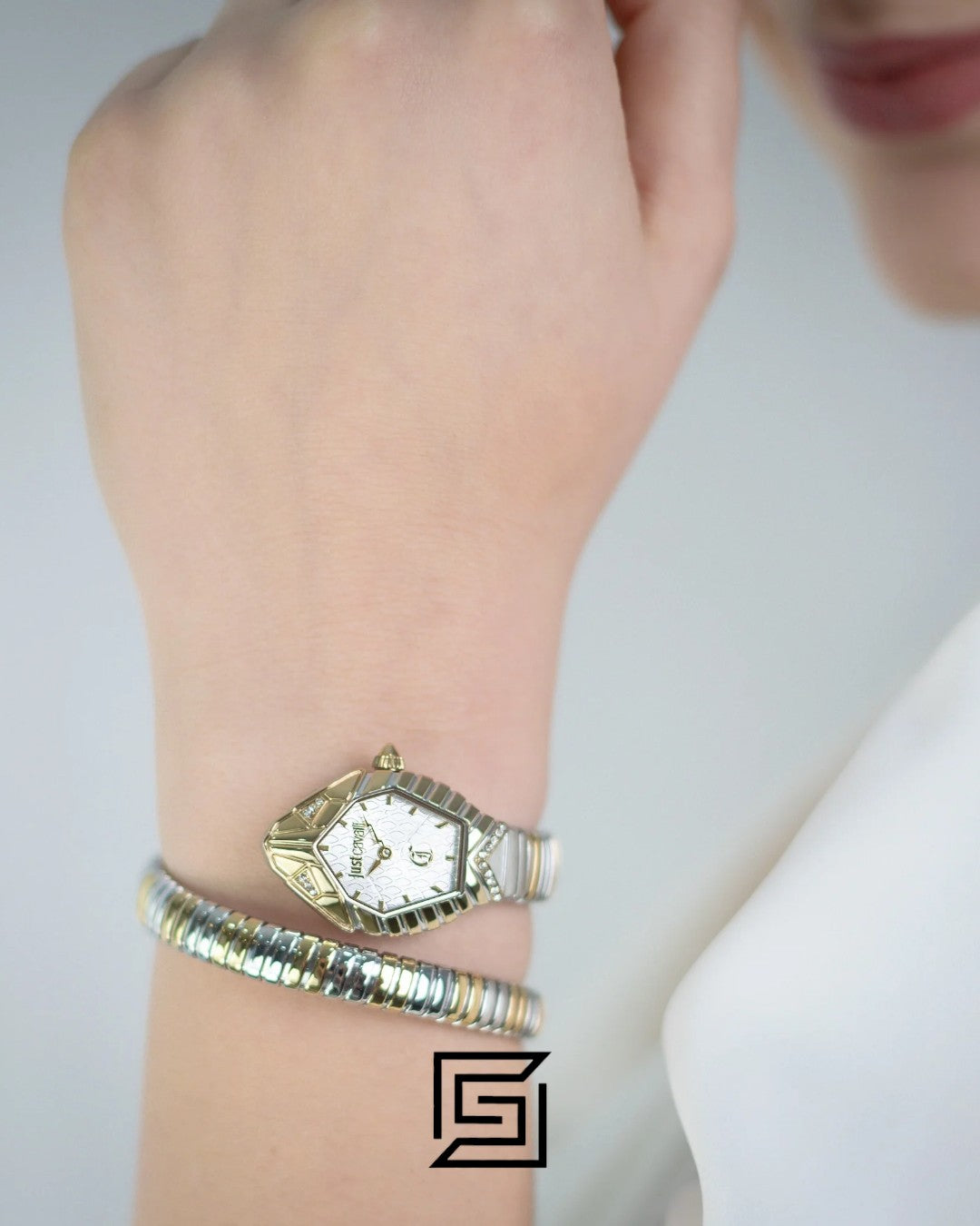 Just Cavalli JC1L355M0055 Bicolor Snake Watch Gold Case White Dial 33mm